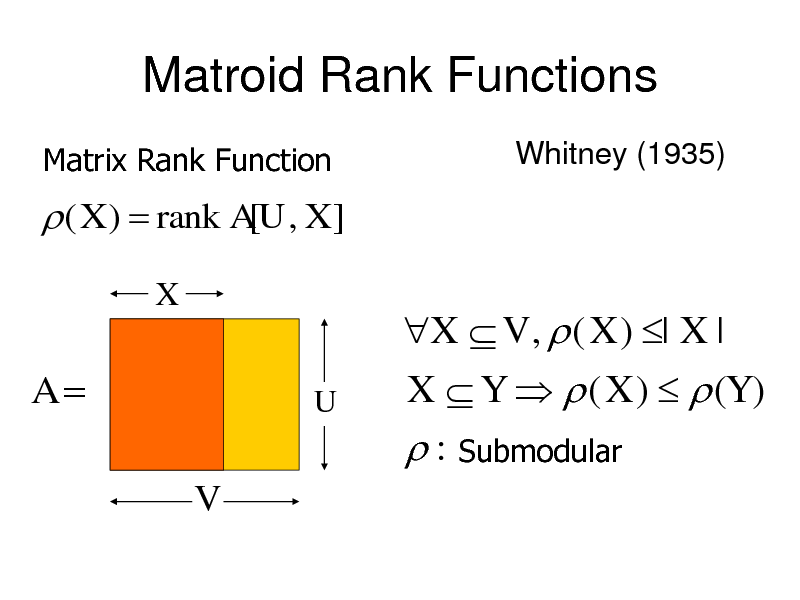 Slide: Matroid Rank Functions
Matrix Rank Function Whitney (1935)

 ( X )  rank A[U , X ]
X

A
V

U

X  V ,  ( X ) | X | X  Y   ( X )   (Y )  : Submodular

