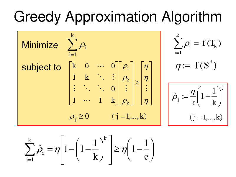 Slide: Greedy Approximation Algorithm
Minimize


i 1

k

i


i 1

k

i

 f (Tk )
*

subject to

k 0  0   1    1 k           2         0            1  1 k    k   

 : f (S )
  j :



1 1   k k

j

j  0
k

( j  1,..., k )

( j  1,..., k )

  1 k   1   i   1  1  k     1  e      i 1    


