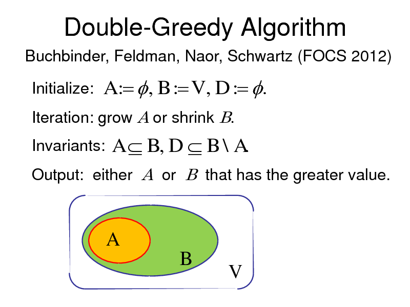 Slide: Double-Greedy Algorithm
Buchbinder, Feldman, Naor, Schwartz (FOCS 2012)

Initialize:

A :  , B : V , D : . A  B, D  B \ A.

Iteration: grow A or shrink B. Invariants: Output: either A or B that has the greater value.

A B
V


