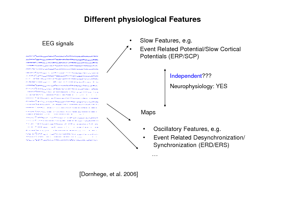 Slide: Different physiological Features
EEG signals

 

Slow Features, e.g. Event Related Potential/Slow Cortical Potentials (ERP/SCP)
Independent??? Neurophysiology: YES

Maps

 

Oscillatory Features, e.g. Event Related Desynchronization/ Synchronization (ERD/ERS)


[Dornhege, et al. 2006]

