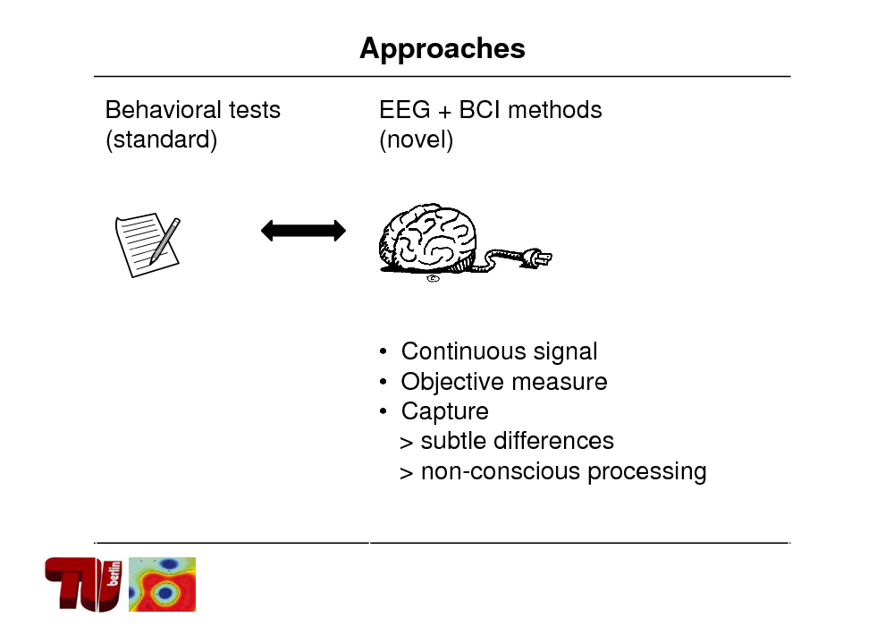 Slide: Approaches
Behavioral tests (standard) EEG + BCI methods (novel)

 Continuous signal  Objective measure  Capture > subtle differences > non-conscious processing

