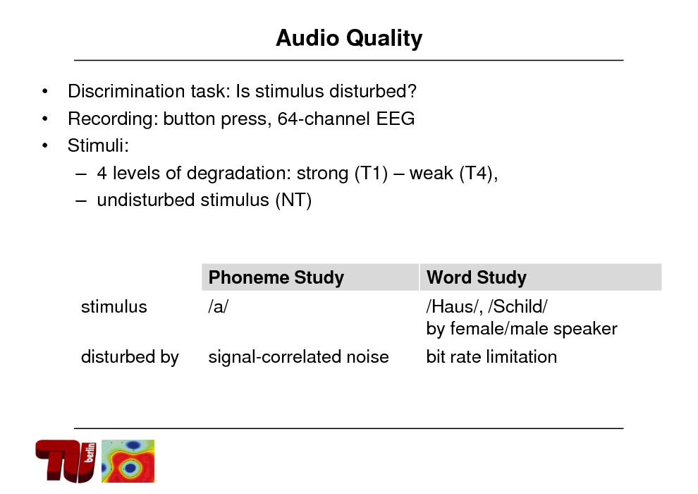 Slide: Audio Quality
   Discrimination task: Is stimulus disturbed? Recording: button press, 64-channel EEG Stimuli:  4 levels of degradation: strong (T1)  weak (T4),  undisturbed stimulus (NT)

Phoneme Study stimulus disturbed by /a/ signal-correlated noise

Word Study /Haus/, /Schild/ by female/male speaker bit rate limitation

