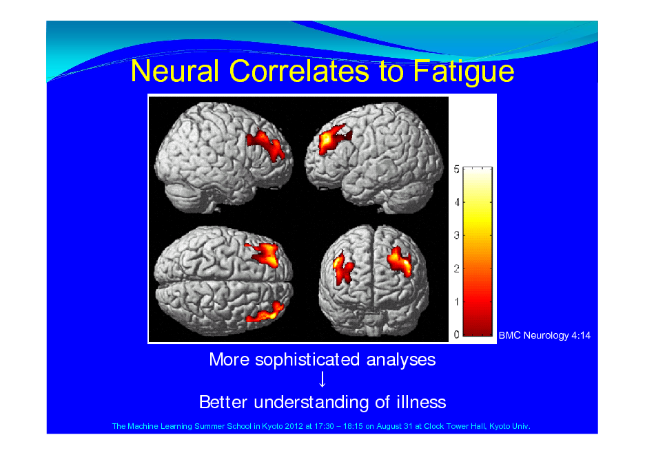 Slide: Neural Correlates to Fatigue

BMC Neurology 4:14

More sophisticated analyses  Better understanding of illness
The Machine Learning Summer School in Kyoto 2012 at 17:30  18:15 on August 31 at Clock Tower Hall, Kyoto Univ.

