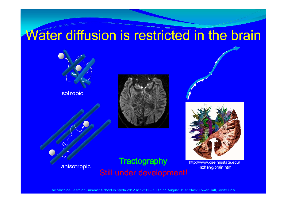 Slide: Water diffusion is restricted in the brain

isotropic

anisotropic

http://www.cse.msstate.edu/ Tractography ~szhang/brain.htm Still under development!

The Machine Learning Summer School in Kyoto 2012 at 17:30  18:15 on August 31 at Clock Tower Hall, Kyoto Univ.

