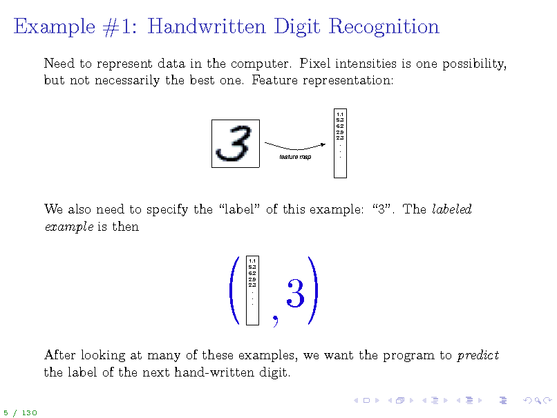 Slide: Example #1: Handwritten Digit Recognition
Need to represent data in the computer. Pixel intensities is one possibility, but not necessarily the best one. Feature representation:

feature map

We also need to specify the label of this example: 3. The labeled example is then
1.1 5.3 6.2 2.9 2.3 . . .

After looking at many of these examples, we want the program to predict the label of the next hand-written digit.
5 / 130

(

,3

(

1.1 5.3 6.2 2.9 2.3 . . .


