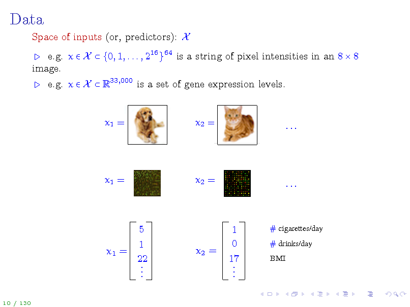 Slide: Data
Space of inputs (or, predictors): X e.g. x  X  {0, 1, . . . , 216 }64 is a string of pixel intensities in an 8  8 image. e.g. x  X  R33,000 is a set of gene expression levels.

x1 =

x2 =

...

x1 =

x2 =

...

x1 =

5 1 22 ...

x2 =

1 0 17 ...

# cigarettes/day # drinks/day BMI

10 / 130

