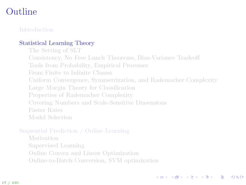 Slide: Outline
Introduction Statistical Learning Theory The Setting of SLT Consistency, No Free Lunch Theorems, Bias-Variance Tradeo Tools from Probability, Empirical Processes From Finite to Innite Classes Uniform Convergence, Symmetrization, and Rademacher Complexity Large Margin Theory for Classication Properties of Rademacher Complexity Covering Numbers and Scale-Sensitive Dimensions Faster Rates Model Selection Sequential Prediction / Online Learning Motivation Supervised Learning Online Convex and Linear Optimization Online-to-Batch Conversion, SVM optimization

17 / 130

