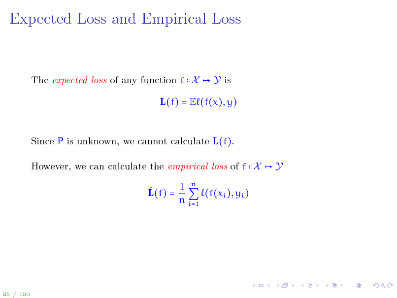 Slide: Expected Loss and Empirical Loss

The expected loss of any function f X

Y is

L(f) = E (f(x), y)

Since P is unknown, we cannot calculate L(f). However, we can calculate the empirical loss of f X 1 n  L(f) = (f(xi ), yi ) n i=1 Y

25 / 130

