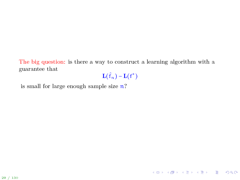 Slide: The big question: is there a way to construct a learning algorithm with a guarantee that  L(fn )  L(f ) is small for large enough sample size n?

29 / 130

