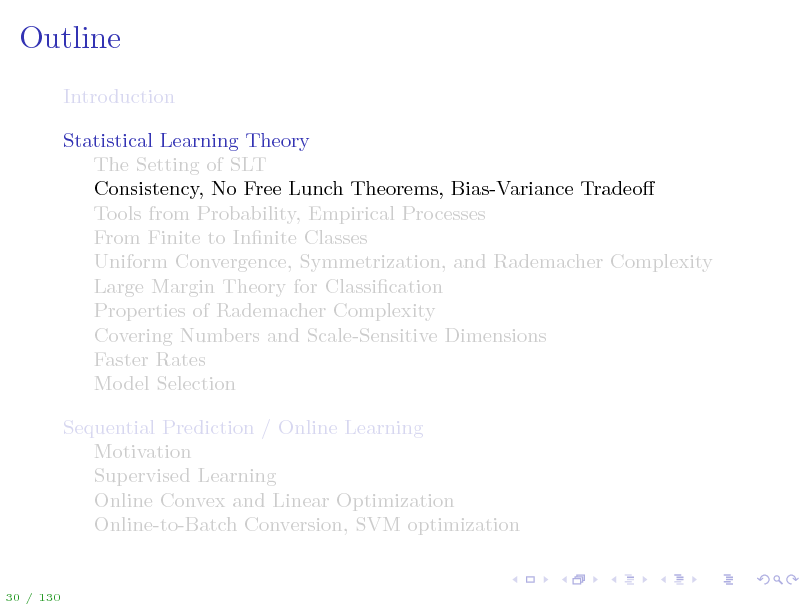 Slide: Outline
Introduction Statistical Learning Theory The Setting of SLT Consistency, No Free Lunch Theorems, Bias-Variance Tradeo Tools from Probability, Empirical Processes From Finite to Innite Classes Uniform Convergence, Symmetrization, and Rademacher Complexity Large Margin Theory for Classication Properties of Rademacher Complexity Covering Numbers and Scale-Sensitive Dimensions Faster Rates Model Selection Sequential Prediction / Online Learning Motivation Supervised Learning Online Convex and Linear Optimization Online-to-Batch Conversion, SVM optimization

30 / 130

