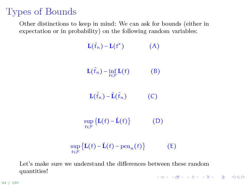 Slide: Types of Bounds
Other distinctions to keep in mind: We can ask for bounds (either in expectation or in probability) on the following random variables:  L(fn )  L(f ) (A)

 L(fn )  inf L(f)
fF

(B)

   L(fn )  L(fn )

(C)

 sup L(f)  L(f)
fF

(D)

 sup L(f)  L(f)  penn (f)
fF

(E)

Lets make sure we understand the dierences between these random quantities!
44 / 130

