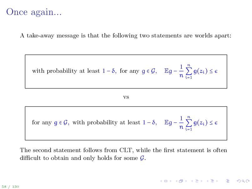 Slide: Once again...
A take-away message is that the following two statements are worlds apart:

with probability at least 1  , for any g  G,

Eg 

1 n g(zi )  n i=1

vs 1 n g(zi )  n i=1

for any g  G, with probability at least 1  ,

Eg 

The second statement follows from CLT, while the rst statement is often dicult to obtain and only holds for some G.

58 / 130

