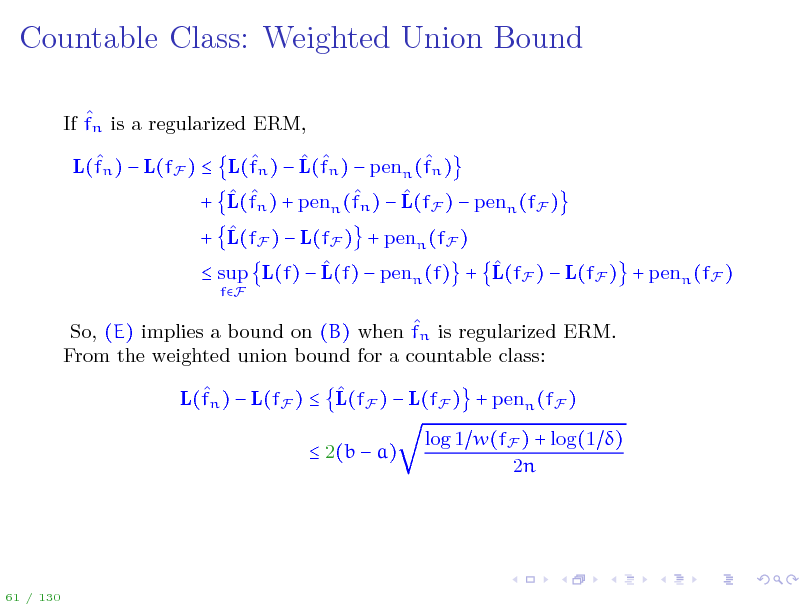 Slide: Countable Class: Weighted Union Bound
 If fn is a regularized ERM,      L(fn )  L(fF )  L(fn )  L(fn )  penn (fn )     + L(fn ) + penn (fn )  L(fF )  penn (fF )  + L(fF )  L(fF ) + penn (fF )    sup L(f)  L(f)  penn (f) + L(fF )  L(fF ) + penn (fF )
fF

 So, (E) implies a bound on (B) when fn is regularized ERM. From the weighted union bound for a countable class:   L(fn )  L(fF )  L(fF )  L(fF ) + penn (fF )  2(b  a) log 1 w(fF ) + log(1 ) 2n

61 / 130

