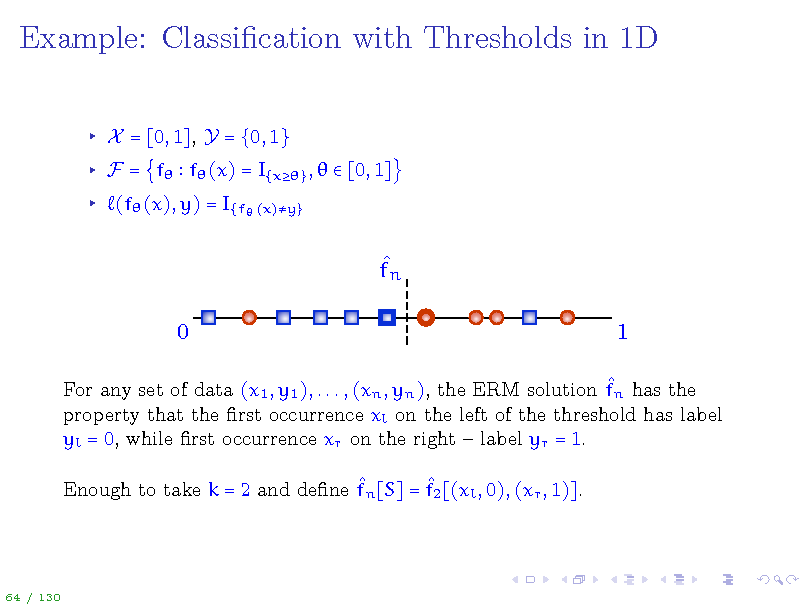 Slide: Example: Classication with Thresholds in 1D
X = [0, 1], Y = {0, 1} F = f f (x) = I{x} ,   [0, 1] (f (x), y) = I{f (x)y}

 fn 0 1

 For any set of data (x1 , y1 ), . . . , (xn , yn ), the ERM solution fn has the property that the rst occurrence xl on the left of the threshold has label yl = 0, while rst occurrence xr on the right  label yr = 1.   Enough to take k = 2 and dene fn [S] = f2 [(xl , 0), (xr , 1)].

64 / 130

