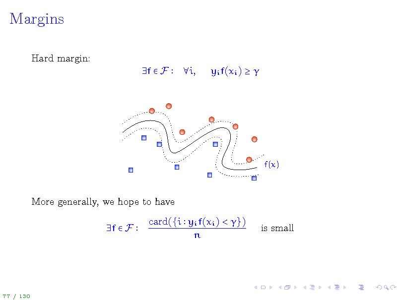 Slide: Margins
Hard margin: f  F i, yi f(xi )  

f(x)

More generally, we hope to have f  F card({i yi f(xi ) < }) n is small

77 / 130

