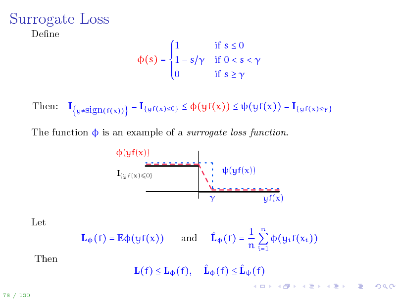 Slide: Surrogate Loss
Dene 1 (s) = 1  s  0 Then: I if s  0 if 0 < s <  if s  

ysign(f(x))

= I{yf(x)0}  (yf(x))  (yf(x)) = I{yf(x)}

The function  is an example of a surrogate loss function.
(yf(x)) I{yf(x)60} (yf(x)) yf(x)

Let L (f) = E(yf(x)) Then L(f)  L (f),
78 / 130

and

1 n  L (f) = (yi f(xi )) n i=1   L (f)  L (f)

