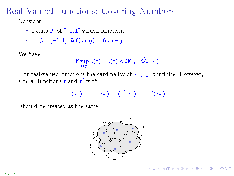 Slide: Real-Valued Functions: Covering Numbers
Consider a class F of [1, 1]-valued functions let Y = [1, 1], (f(x), y) = f(x)  y We have  E sup L(f)  L(f)  2Ex1 n Rn (F)
fF

For real-valued functions the cardinality of F similar functions f and f  with

x1 n

is innite. However,

(f(x1 ), . . . , f(xn ))  (f  (x1 ), . . . , f  (xn )) should be treated as the same.


86 / 130

