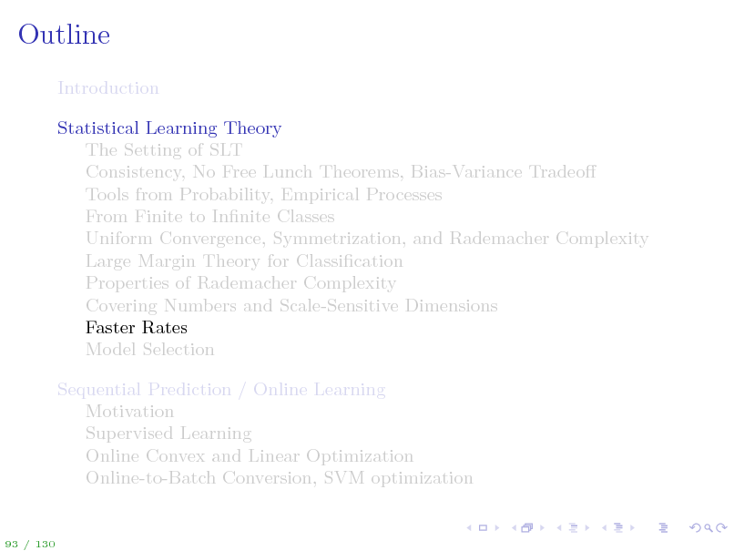 Slide: Outline
Introduction Statistical Learning Theory The Setting of SLT Consistency, No Free Lunch Theorems, Bias-Variance Tradeo Tools from Probability, Empirical Processes From Finite to Innite Classes Uniform Convergence, Symmetrization, and Rademacher Complexity Large Margin Theory for Classication Properties of Rademacher Complexity Covering Numbers and Scale-Sensitive Dimensions Faster Rates Model Selection Sequential Prediction / Online Learning Motivation Supervised Learning Online Convex and Linear Optimization Online-to-Batch Conversion, SVM optimization

93 / 130

