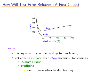 Slide: How Will Test Error Behave? (A First Guess)
1 0.8

error

0.6 0.4 0.2

test train
20 40 60 80 100

# of rounds (T)

expect:
 training error to continue to drop (or reach zero)  test error to increase when Hnal becomes too complex
 

Occams razor overtting  hard to know when to stop training

