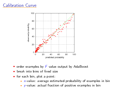 Slide: Calibration Curve
100

80
observed probability

60

40

20

0 0 20 40 60 80 100 predicted probability

 order examples by F value output by AdaBoost  break into bins of xed size  for each bin, plot a point:
 

x-value: average estimated probability of examples in bin y -value: actual fraction of positive examples in bin

