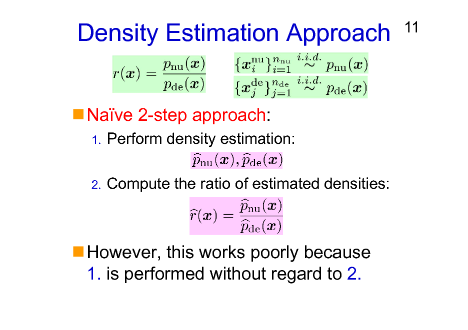 Slide: Density Estimation Approach
Nave 2-step approach:
1.

11

Perform density estimation: Compute the ratio of estimated densities:

2.

However, this works poorly because 1. is performed without regard to 2.

