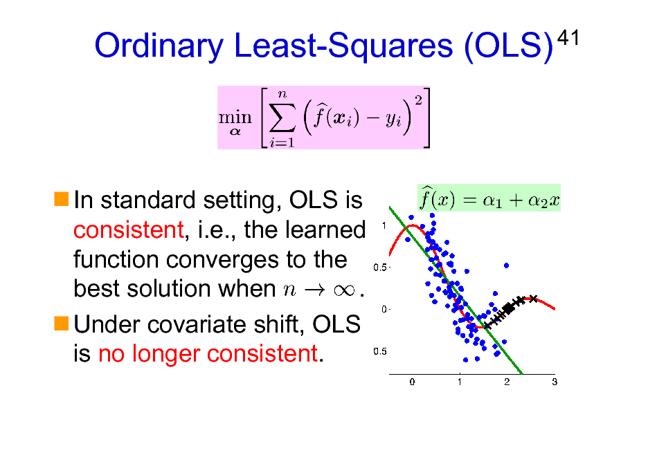Slide: Ordinary Least-Squares (OLS)

41

In standard setting, OLS is consistent, i.e., the learned function converges to the best solution when . Under covariate shift, OLS is no longer consistent.

