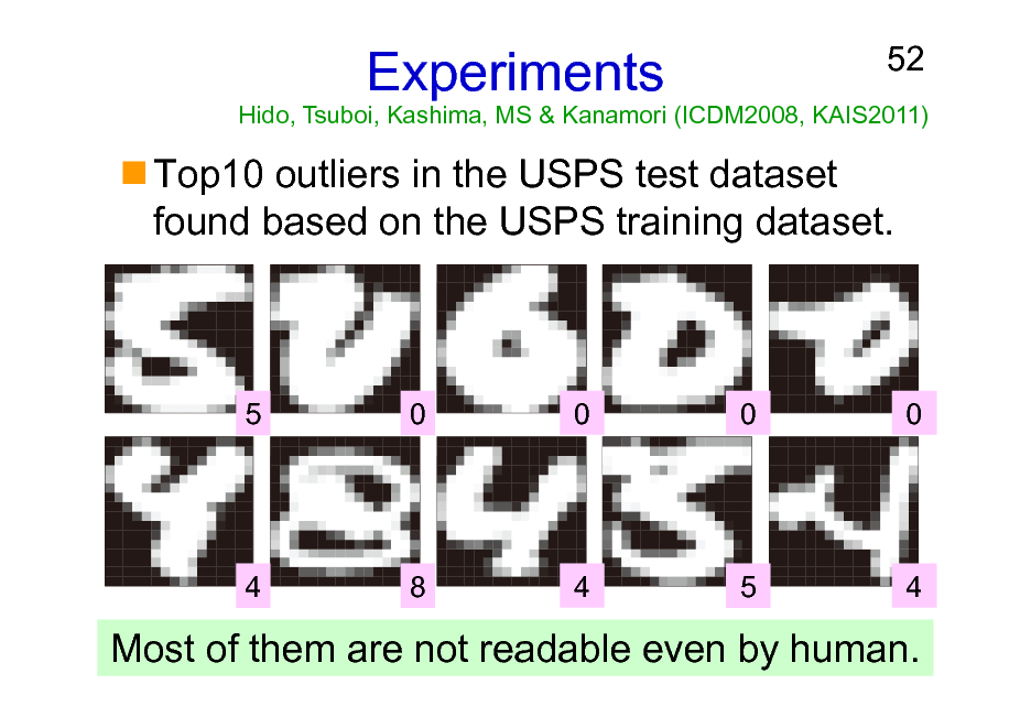 Slide: Experiments

52

Hido, Tsuboi, Kashima, MS & Kanamori (ICDM2008, KAIS2011)

Top10 outliers in the USPS test dataset found based on the USPS training dataset.

5

0

0

0

0

4

8

4

5

4

Most of them are not readable even by human.

