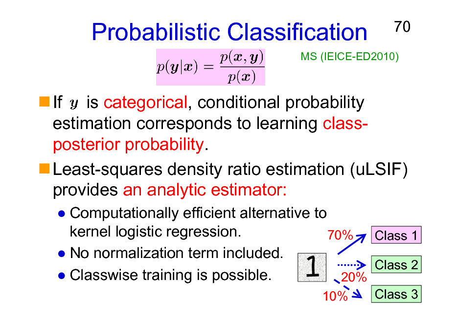 Slide: Probabilistic Classification

70

MS (IEICE-ED2010)

If is categorical, conditional probability estimation corresponds to learning classposterior probability. Least-squares density ratio estimation (uLSIF) provides an analytic estimator:
Computationally efficient alternative to kernel logistic regression. 70% Class 1 No normalization term included. Class 2 Classwise training is possible. 20%
10% Class 3

