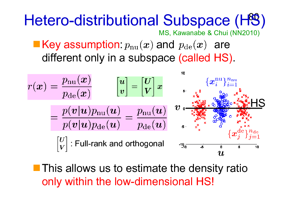 Slide: Hetero-distributional Subspace (HS)
MS, Kawanabe & Chui (NN2010)

80

Key assumption: and are different only in a subspace (called HS).

HS

: Full-rank and orthogonal

This allows us to estimate the density ratio only within the low-dimensional HS!

