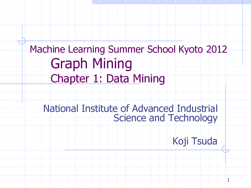 Slide: Machine Learning Summer School Kyoto 2012

Graph Mining

Chapter 1: Data Mining
National Institute of Advanced Industrial Science and Technology Koji Tsuda

1

