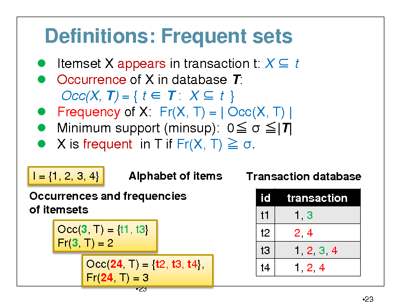 Slide: Definitions: Frequent sets
 Itemset X appears in transaction t: X  t  Occurrence of X in database T: Occ(X, T) = { t  T : X  t }  Frequency of X: Fr(X, T) = | Occ(X, T) |  Minimum support (minsup): 0  |T|  X is frequent in T if Fr(X, T)  .
I = {1, 2, 3, 4} Alphabet of items Transaction database id t1 t2 t3 t4 transaction 1, 3 2, 4 1, 2, 3, 4 1, 2, 4
23

Occurrences and frequencies of itemsets Occ(3, T) = {t1, t3} Fr(3, T) = 2 Occ(24, T) = {t2, t3, t4}, Fr(24, T) = 3
23

