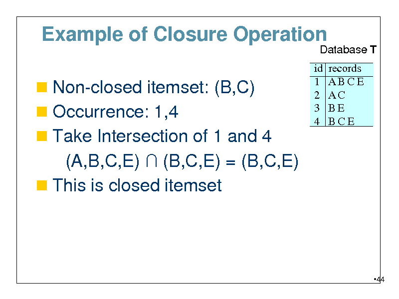 Slide: Example of Closure Operation
Database T

 Non-closed itemset: (B,C)  Occurrence: 1,4  Take Intersection of 1 and 4

id 1 2 3 4

records ABCE AC BE BCE

(A,B,C,E)  (B,C,E) = (B,C,E)  This is closed itemset

44

