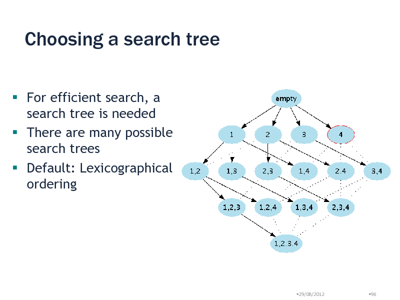 Slide: Choosing a search tree
 For efficient search, a search tree is needed  There are many possible search trees  Default: Lexicographical ordering

29/08/2012

96

