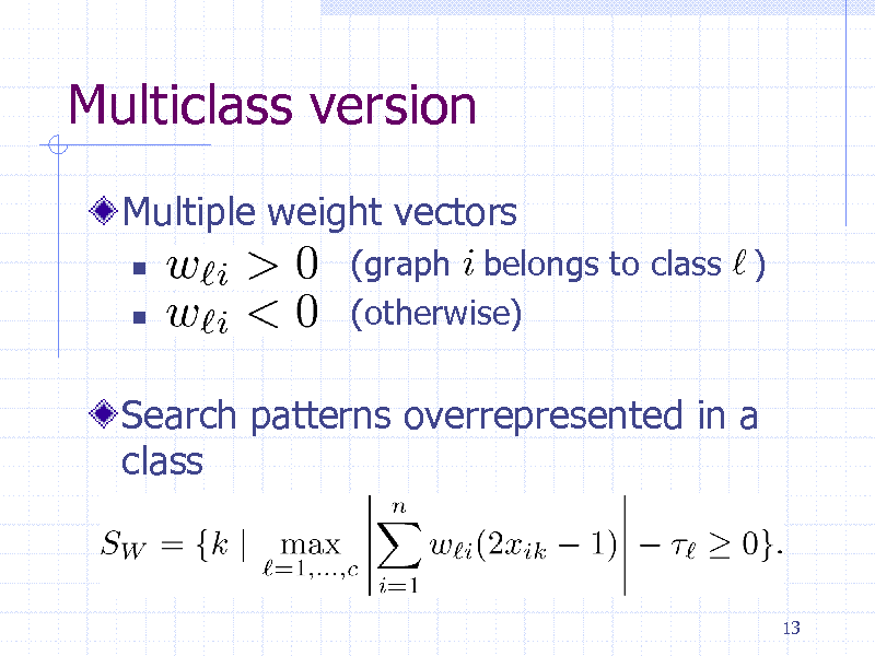 Slide: Multiclass version
Multiple weight vectors
 

(graph belongs to class ) (otherwise)

Search patterns overrepresented in a class

13

