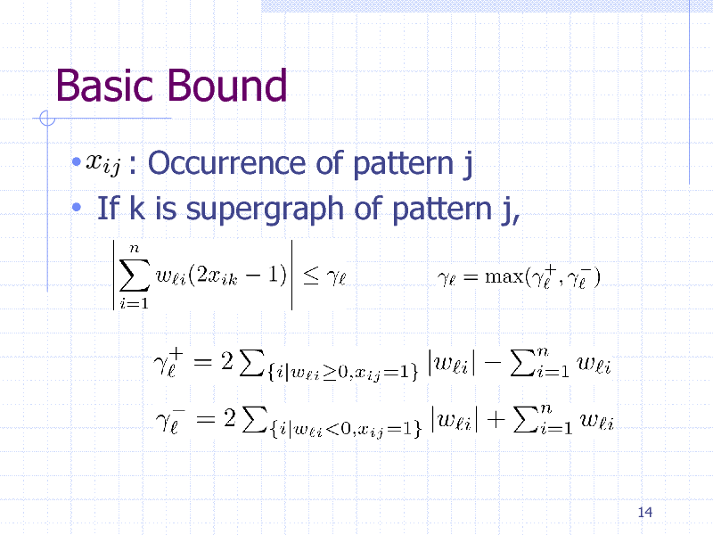 Slide: Basic Bound
 xij : Occurrence of pattern j  If k is supergraph of pattern j,

14

