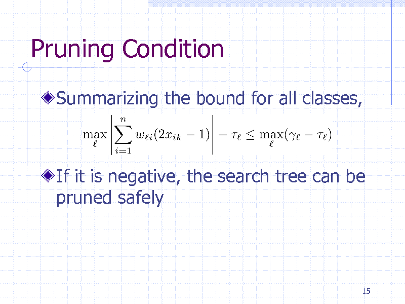 Slide: Pruning Condition
Summarizing the bound for all classes,

If it is negative, the search tree can be pruned safely

15

