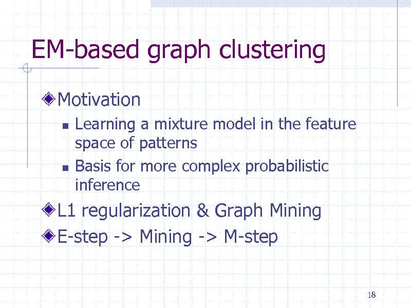 Slide: EM-based graph clustering
Motivation




Learning a mixture model in the feature space of patterns Basis for more complex probabilistic inference

L1 regularization & Graph Mining E-step -> Mining -> M-step
18

