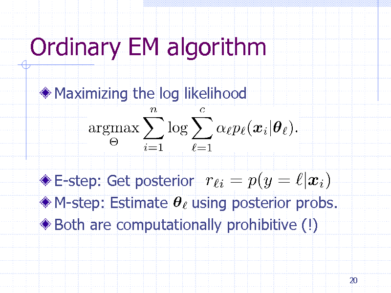 Slide: Ordinary EM algorithm
Maximizing the log likelihood

E-step: Get posterior M-step: Estimate using posterior probs. Both are computationally prohibitive (!)

20

