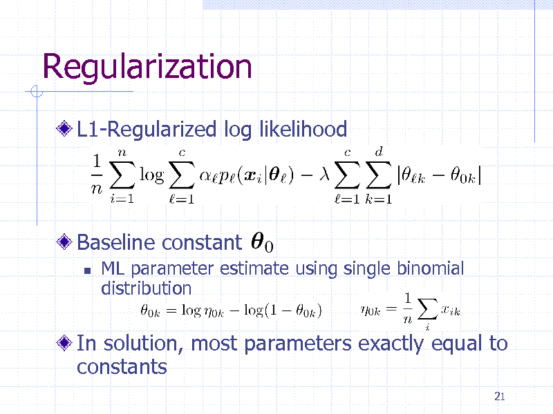 Slide: Regularization
L1-Regularized log likelihood

Baseline constant


ML parameter estimate using single binomial distribution

In solution, most parameters exactly equal to constants
21

