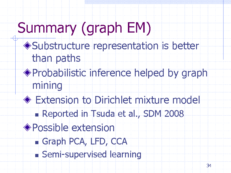 Slide: Summary (graph EM)
Substructure representation is better than paths Probabilistic inference helped by graph mining Extension to Dirichlet mixture model


Reported in Tsuda et al., SDM 2008 Graph PCA, LFD, CCA Semi-supervised learning
34

Possible extension
 


