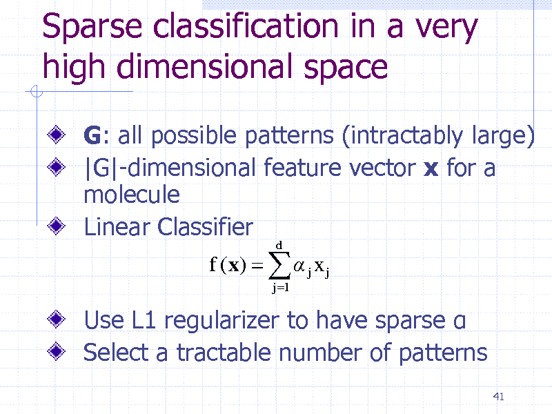 Slide: Sparse classification in a very high dimensional space
G: all possible patterns (intractably large) |G|-dimensional feature vector x for a molecule Linear Classifier
f (x)    j x j
j 1 d

Use L1 regularizer to have sparse  Select a tractable number of patterns
41

