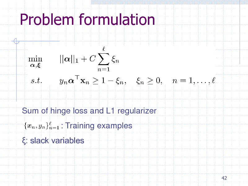 Slide: Problem formulation

Sum of hinge loss and L1 regularizer : Training examples : slack variables

42

