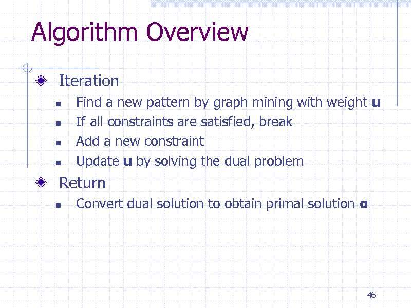 Slide: Algorithm Overview
Iteration

 



Find a new pattern by graph mining with weight u If all constraints are satisfied, break Add a new constraint Update u by solving the dual problem
Convert dual solution to obtain primal solution 

Return


46

