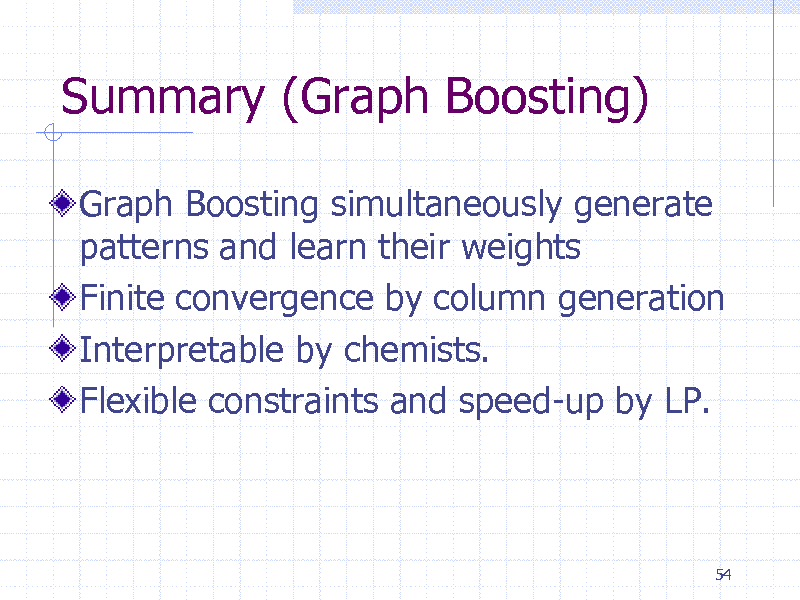 Slide: Summary (Graph Boosting)
Graph Boosting simultaneously generate patterns and learn their weights Finite convergence by column generation Interpretable by chemists. Flexible constraints and speed-up by LP.

54

