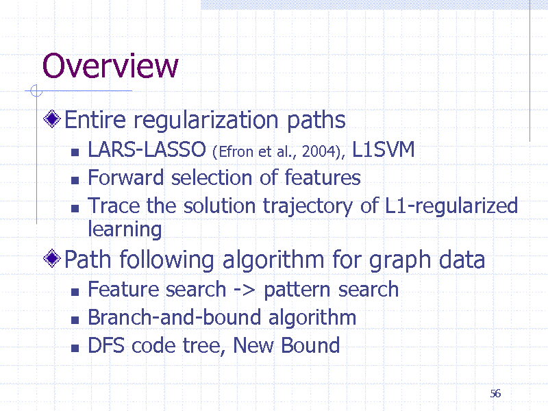 Slide: Overview
Entire regularization paths





LARS-LASSO (Efron et al., 2004), L1SVM Forward selection of features Trace the solution trajectory of L1-regularized learning Feature search -> pattern search Branch-and-bound algorithm DFS code tree, New Bound
56

Path following algorithm for graph data
 



