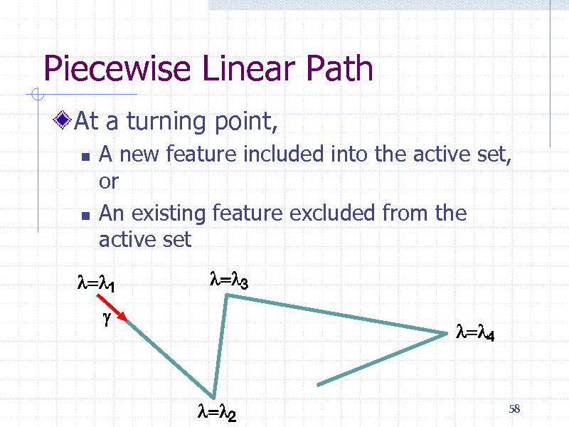 Slide: Piecewise Linear Path
At a turning point,




A new feature included into the active set, or An existing feature excluded from the active set

58

