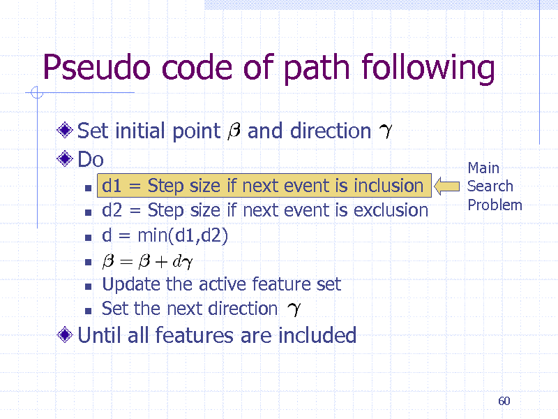 Slide: Pseudo code of path following
Set initial point Do
    

and direction
Main Search Problem

d1 = Step size if next event is inclusion d2 = Step size if next event is exclusion d = min(d1,d2) Update the active feature set Set the next direction



Until all features are included
60

