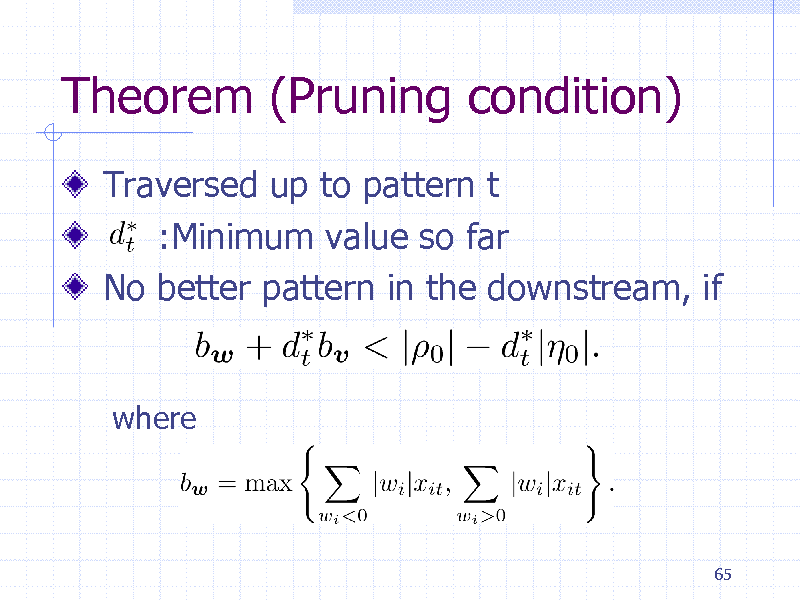 Slide: Theorem (Pruning condition)
Traversed up to pattern t :Minimum value so far No better pattern in the downstream, if

where

65

