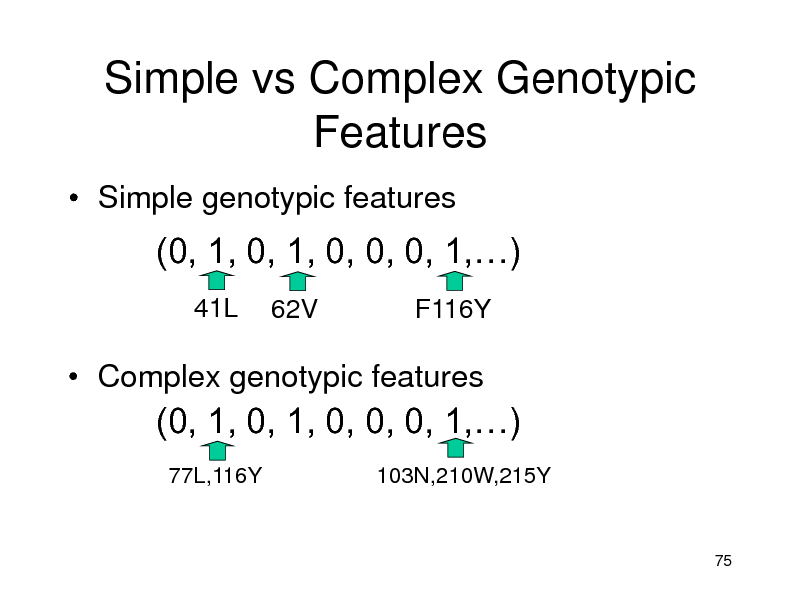 Slide: Simple vs Complex Genotypic Features
 Simple genotypic features

(0, 1, 0, 1, 0, 0, 0, 1,)
41L
62V F116Y

 Complex genotypic features

(0, 1, 0, 1, 0, 0, 0, 1,)
77L,116Y 103N,210W,215Y

75

