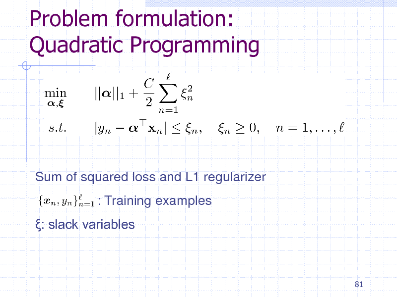 Slide: Problem formulation: Quadratic Programming

Sum of squared loss and L1 regularizer : Training examples : slack variables

81

